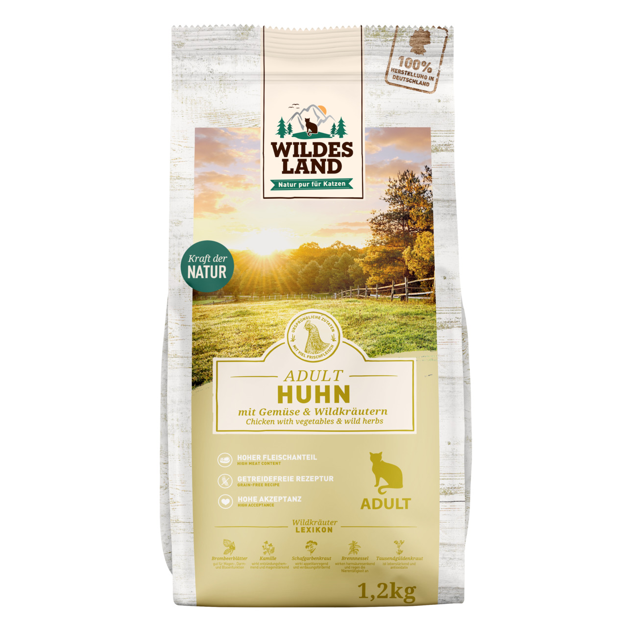 Wildes Land Adult Huhn, für erw. Katzen, mit Gemüse & Wildkräutern, hoher Fleischanteil, getreidefrei, 1,2 kg, hohe Akzeptanz.