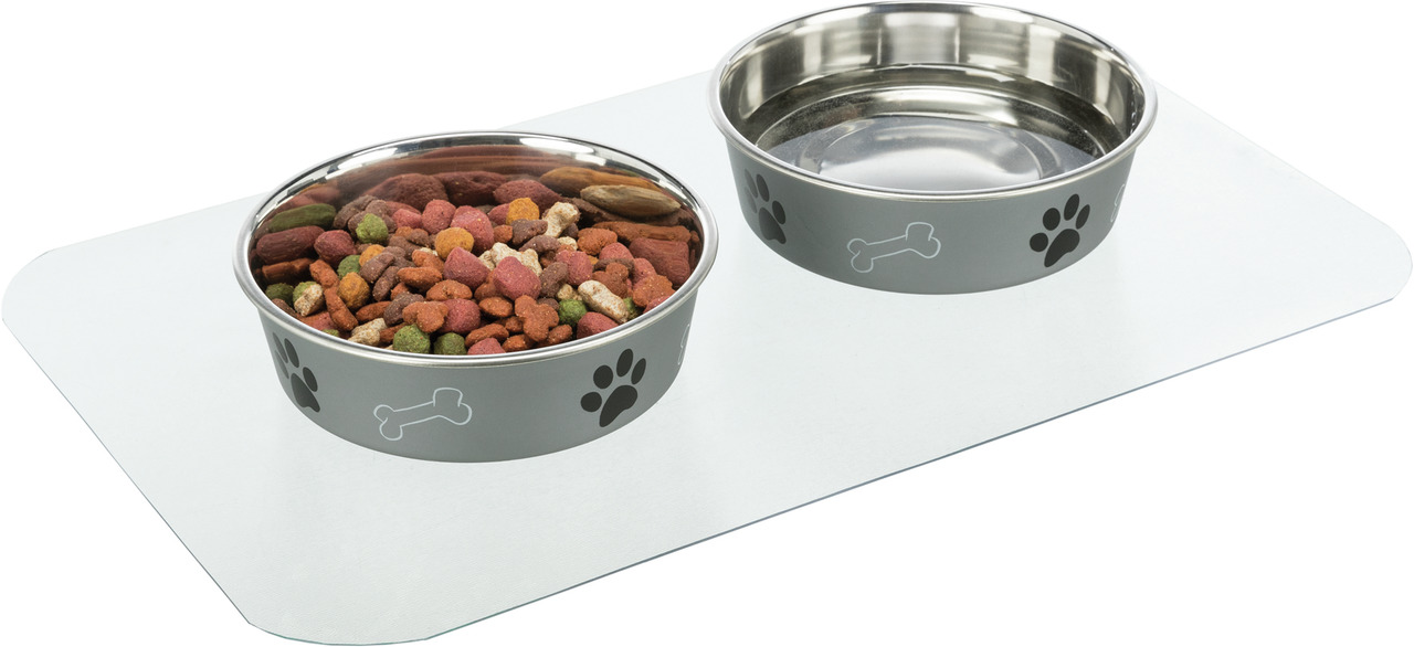 Zwei graue Futternäpfe der Marke TRIXIE, speziell für Hunde, auf einer weißen Unterlage. Der linke Napf ist mit Trockenfutter gefüllt, der rechte enthält Wasser. Beide Näpfe sind aus Edelstahl und haben ein Design mit Pfotenabdrücken und Knochenmotiven. I