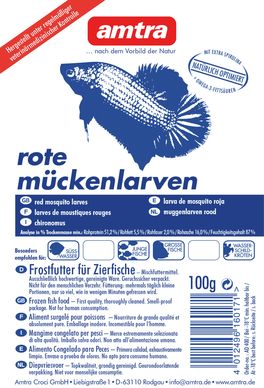 amtra rote Mückenlarven, Frostfutter für Zierfische, Süßwasserfische, junge-große Fische & Schildkröten, 100 g, mit Omega-3.