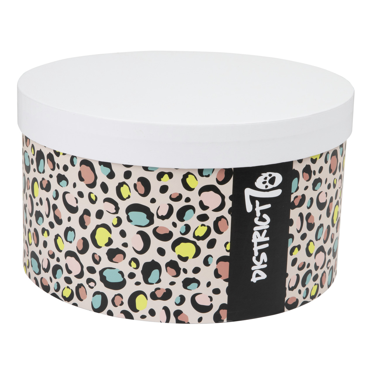 Aufbewahrungsbox District 70, Leopardenmuster, Pastell (Rosa, Gelb, Blau, Schwarz), weißer Deckel, ideal f. Tierbedarf, stilvoll.