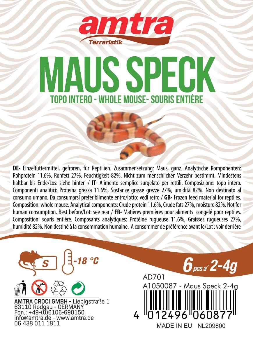 amtra Maus Speck, Einzelfuttermittel für Reptilien: 6 Mäuse (2–4 g), 11,6 % Rohprotein, 27 % Rohfett, 82 % Feuchte, Lagerung -18 °C.