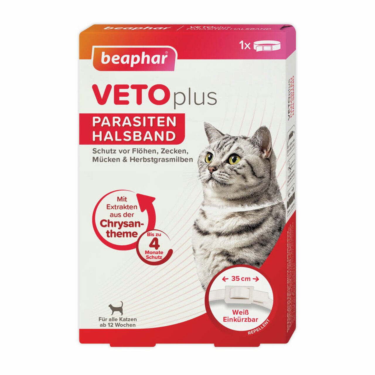 beaphar VETOplus Parasitenhalsband für Katzen, bis 4 Monate Schutz, mit Chrysanthemenextrakt, weiß, 35 cm, ab 12 Wochen.