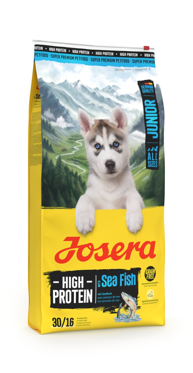 Josera High Protein Junior für Hunde, Seefischgeschmack, getreidefrei, für alle Rassen, 30-16 Protein-Fett, 15 kg Beutel.