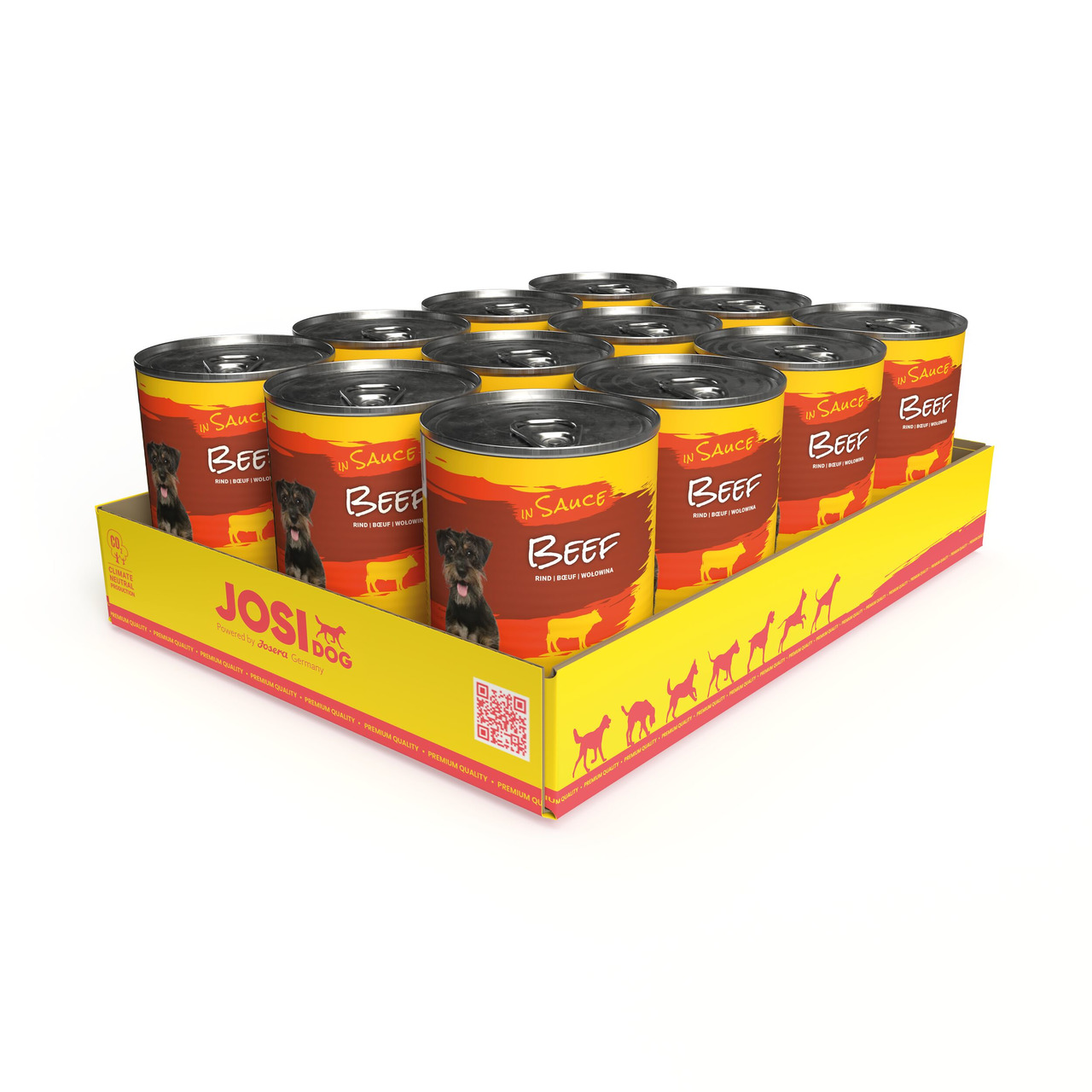 Josera JosiDog "Beef in Sauce" Hundefutter, 12 Dosen, Rind, für Hunde, ausgewogene Ernährung, gelbe Kartonverpackung mit rotem Aufdruck.
