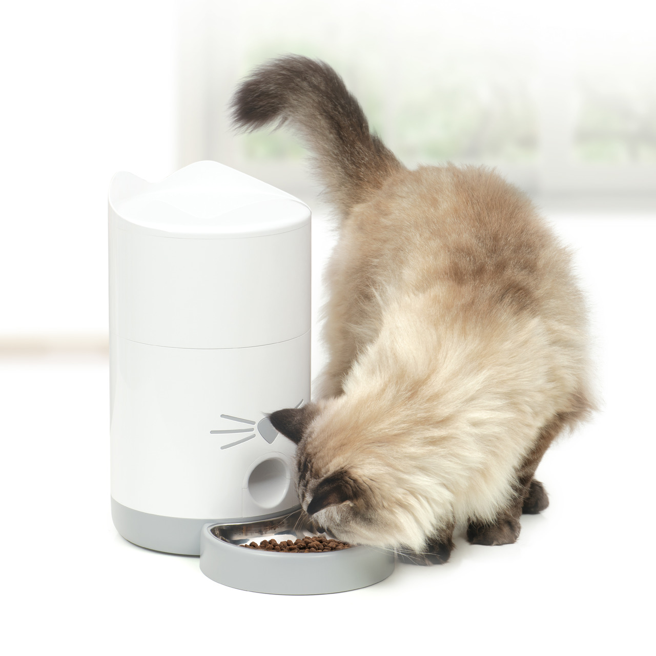 Catit Futterautomat für Katzen, mit stilisiertem Katzengesicht, ideal für Trockenfutter, automatische Fütterungslösung.
