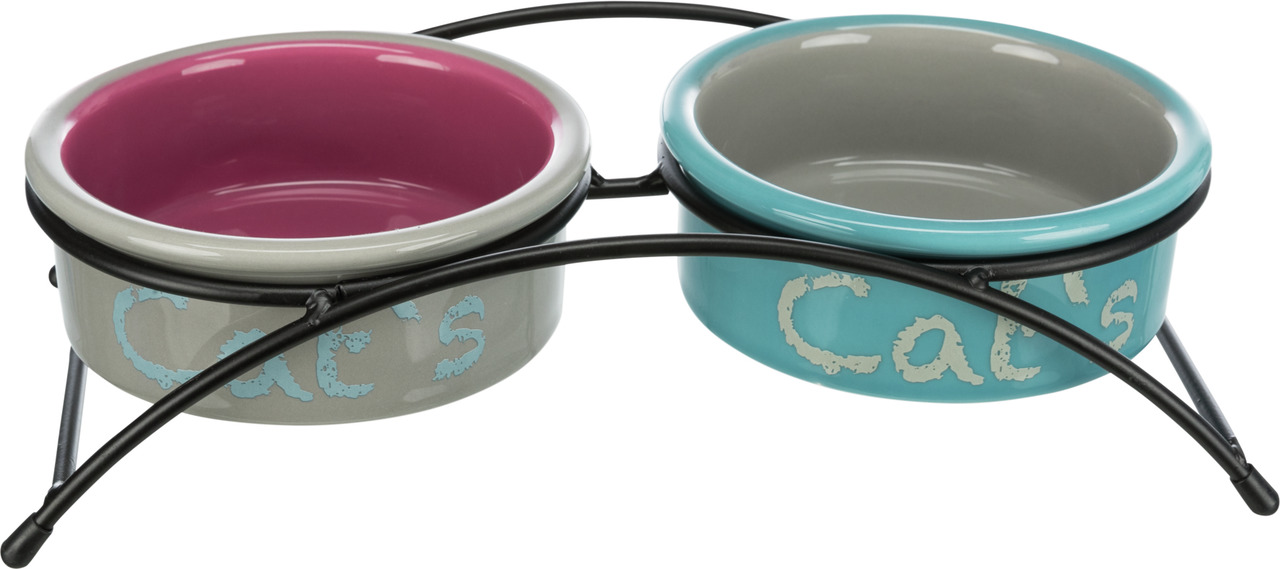 TRIXIE Futternäpfe für Katzen, Keramik (Rosa/Grau/Blau), "Cat's", im Metallständer, stabil, ideal für Futter & Wasser, stilvoll.