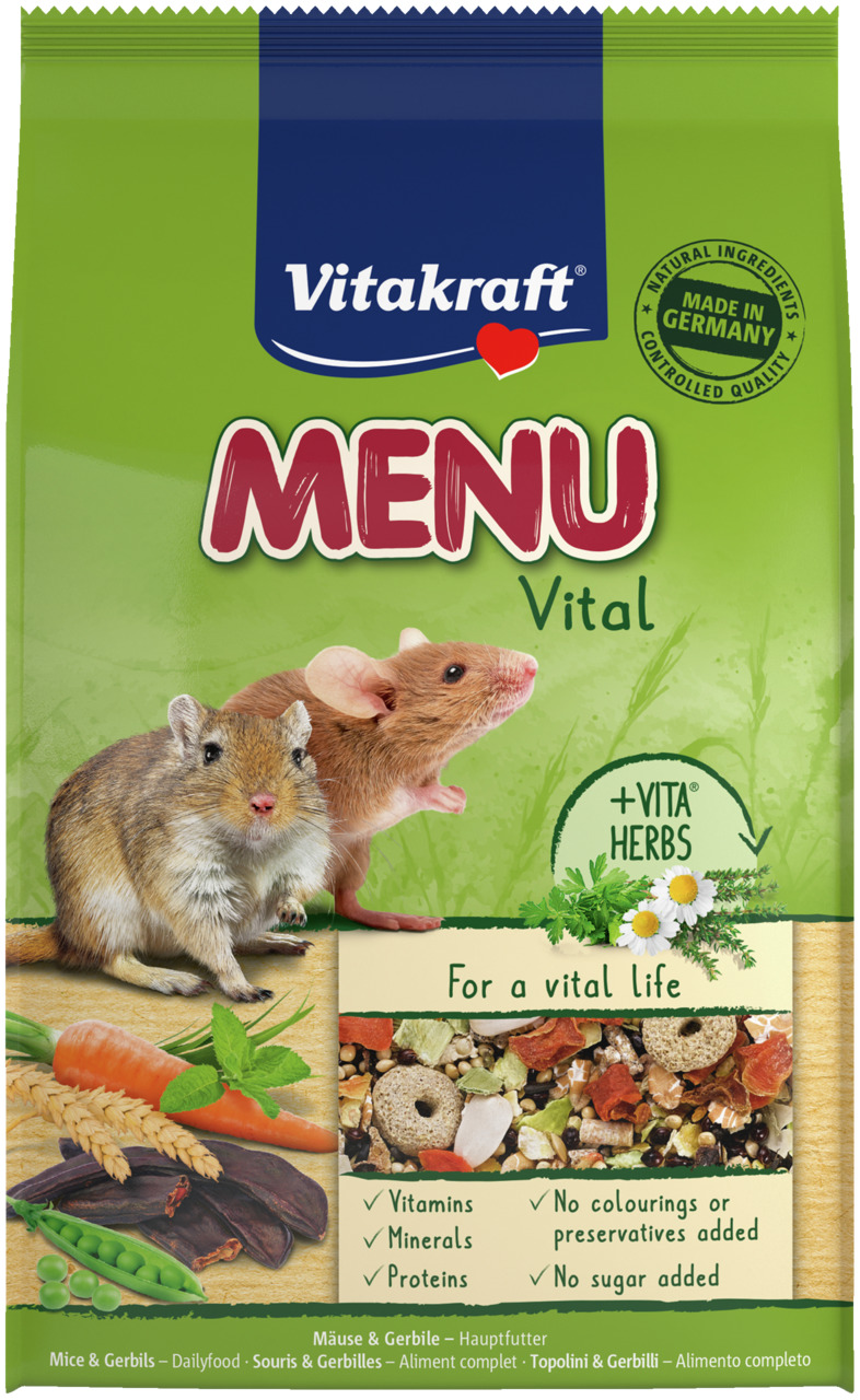 Vitakraft Menu Vital, Mäuse & Gerbils, Kräuter-Karotten-Erbsen, mit Vitaminen & Proteinen, ohne Zuckerzusatz, 400 g.