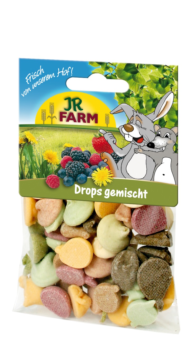 JR FARM Drops gemischt, für Kleintiere (Kaninchen, Meerschweinchen), Beeren- & Gemüse-Geschmack, „Frisch von unserem Hof!“, 75 g.