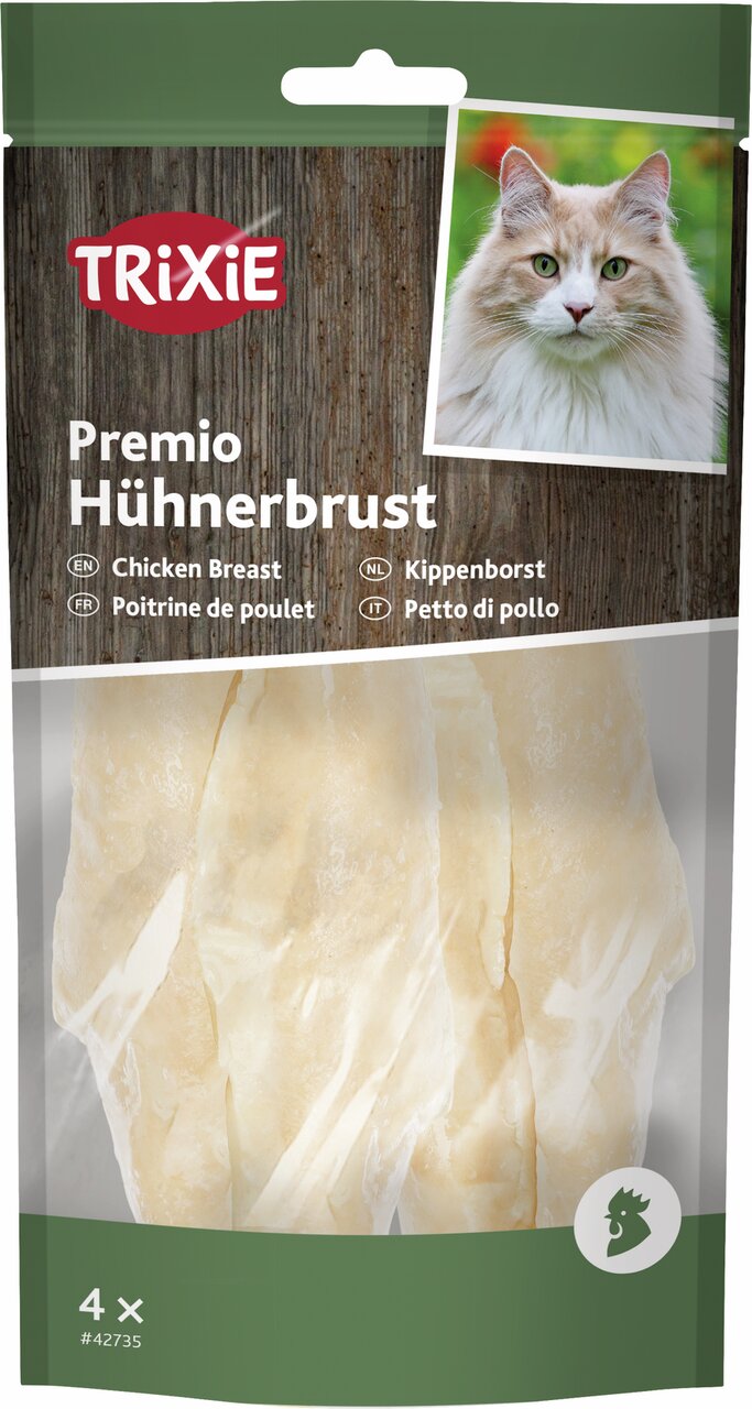 TRIXIE Premio Hühnerbrust, Katzensnack, Geschmacksrichtung Huhn, fettarm, 4 Stück, für ausgewachsene Katzen.