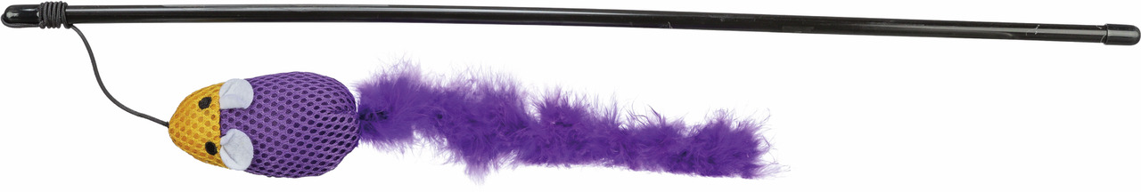 TRIXIE Katzenspielzeug: Spielangel mit Maus-Anhänger (gelbes Netzdesign, lila Akzente, Feder). Fördert Bewegung & Spieltrieb.