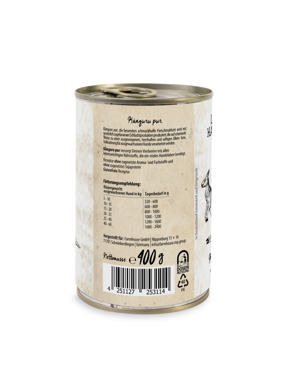 Das Bild zeigt eine 400 g Dose des Hundefutters „Lottis Häppchen Känguru pur“. Es handelt sich um ein hochwertiges Nassfutter für ausgewachsene Hunde. Die Rezeptur ist glutenfrei, ohne zugesetzte Aroma- und Farbstoffe sowie sojafrei. Hergestellt von der F