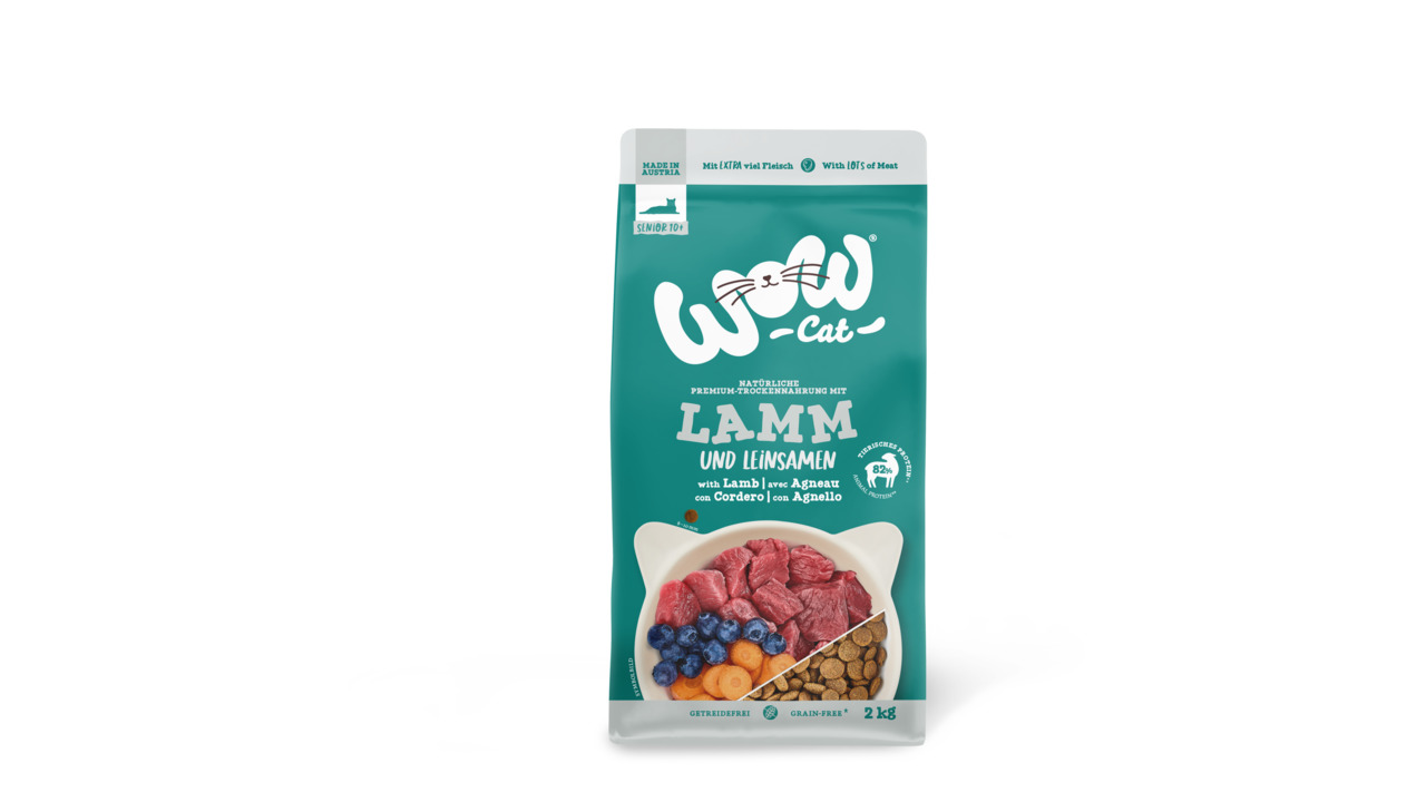 WOW CAT Trockenfutter, getreidefrei, für Katzen, Lamm & Leinsamen, 2 kg, natürliche Zutaten, hoher Fleischanteil.