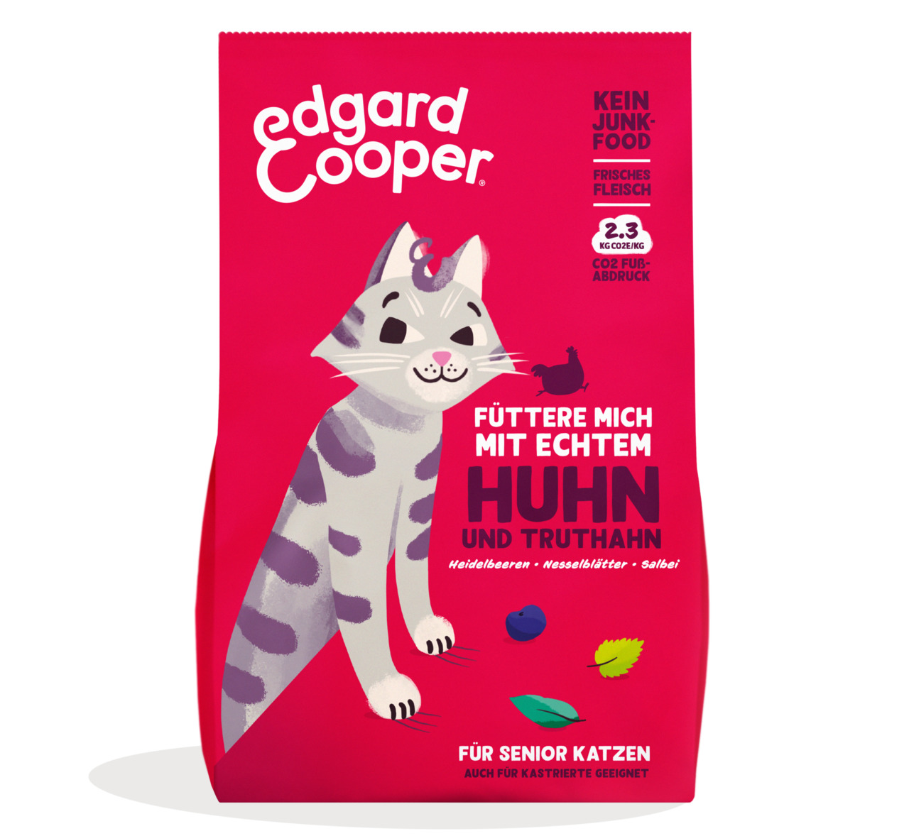 Edgard & Cooper Katzenfutter Senior, kastrierte Katzen, Huhn & Truthahn, Heidelbeeren, 85g, „Kein Junk-Food“, „Frisches Fleisch“.