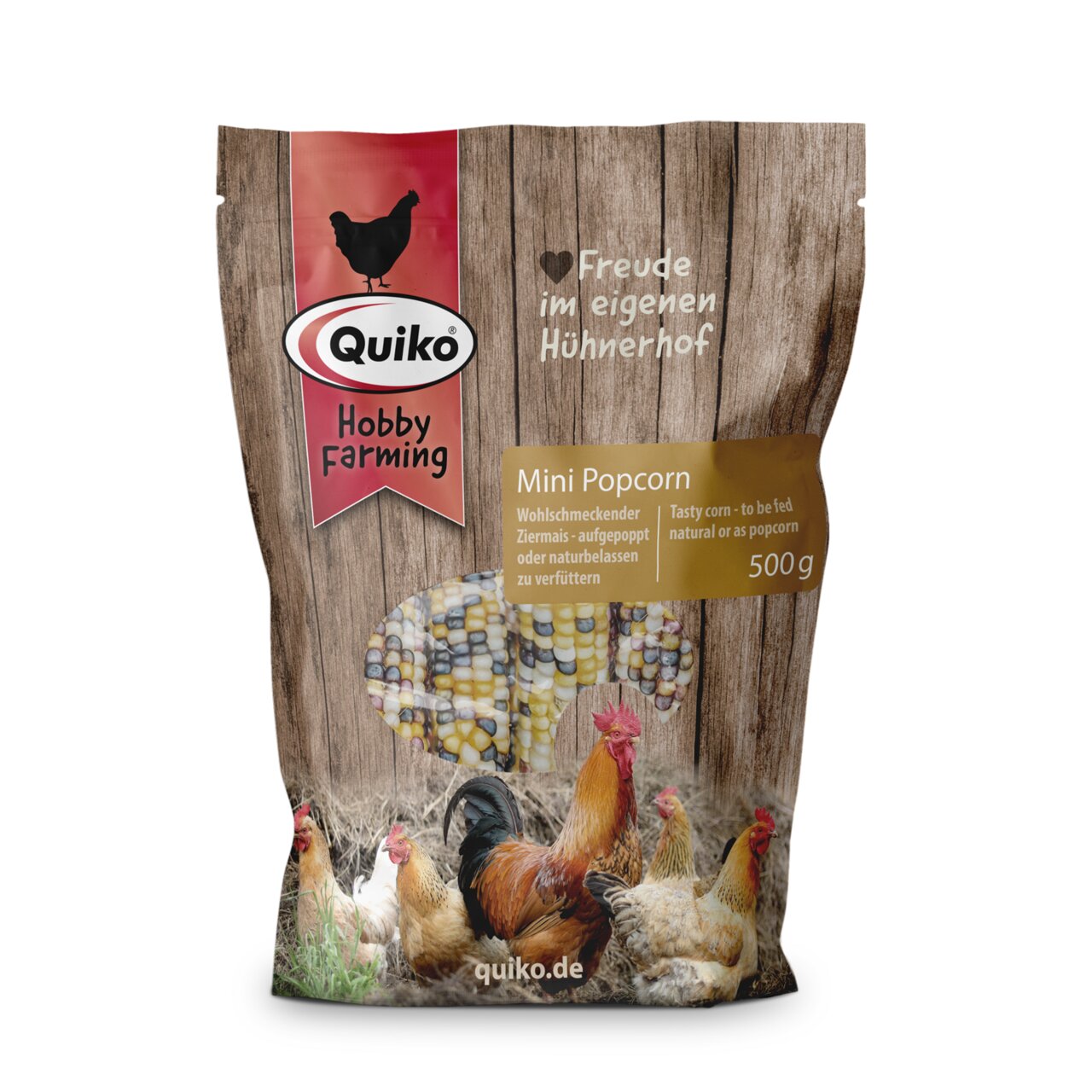 Das Bild zeigt eine Verpackung des Produkts „Quiko Hobby Farming Mini Popcorn“. Es handelt sich um wohlschmeckenden Ziermais, der entweder aufgepoppt oder naturbelassen an Hühner verfüttert werden kann. Die Zielgruppe sind Hühnerhalter. Die Verpackung ent