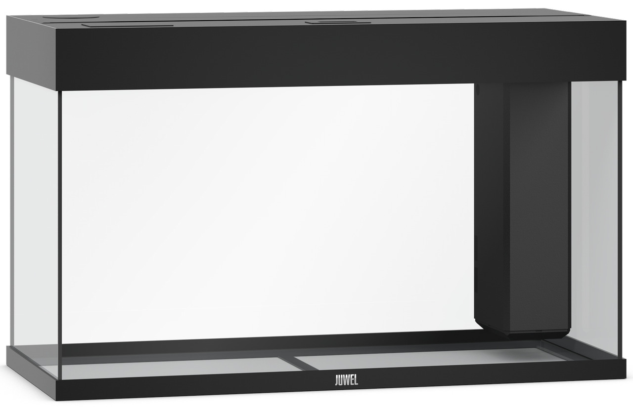 Das Bild zeigt ein JUWEL Aquarium mit rechteckigem Design und schwarzem Rahmen. Es handelt sich um ein hochwertiges Aquarium für Aquaristik-Enthusiasten. Das Modell ist mit einem integrierten Filtersystem ausgestattet, das sich auf der rechten Seite befin