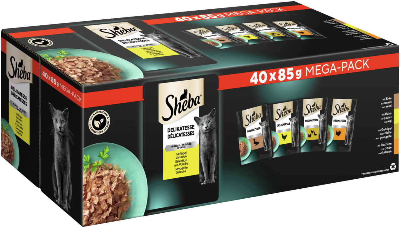 Das Bild zeigt eine Verpackung des Katzenfutters „Sheba Delikatesse“ im Mega-Pack mit 40 Portionsbeuteln à 85 g. Die Geschmacksrichtungen umfassen Geflügelvariationen wie Ente, Huhn und Truthahn in Gelee. Zielgruppe sind Katzen. Die Verpackung betont hoch