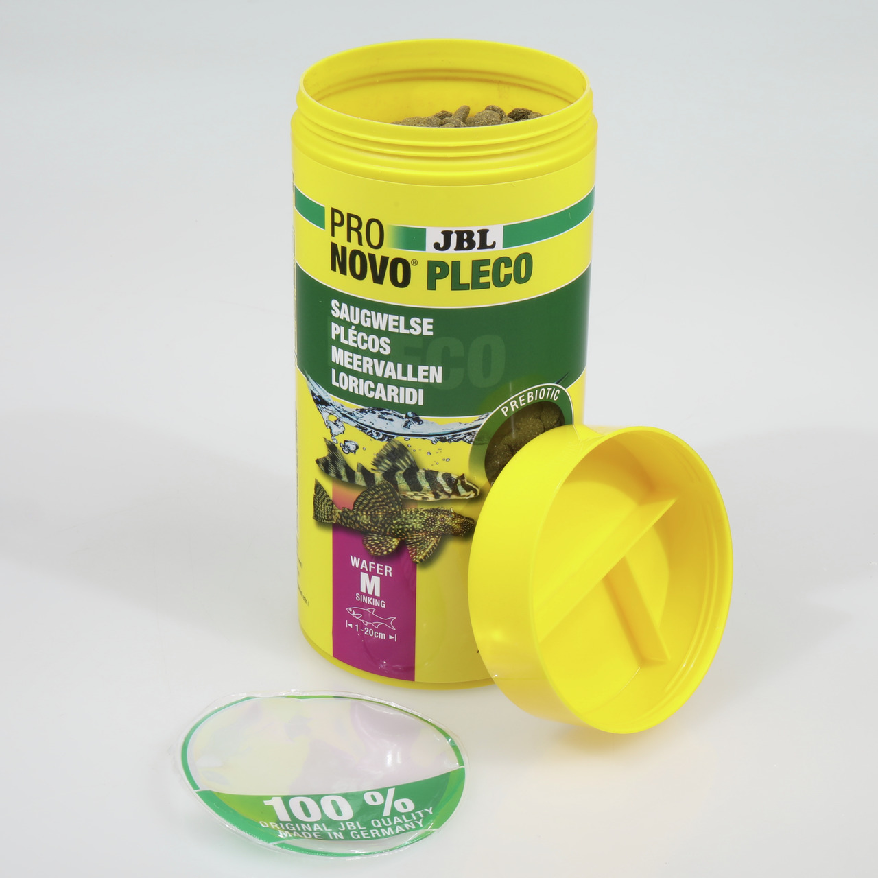 JBL ProNovo Pleco, Fischfutter für Saugwelse, sinkende Wafer Gr. M, 100 % JBL Qualität, Made in Germany, gelbe Dose, geöffnet.