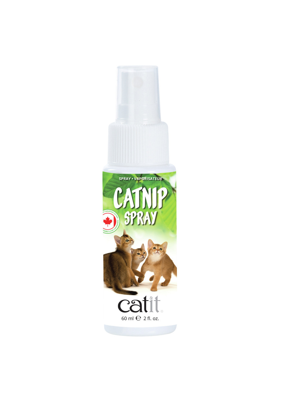 Catit Catnip Spray, 60 ml, Katzenspray mit natürl. Katzenminze, speziell f. Katzen, stimuliert spielerisch, 3 Katzen auf Verpackung.