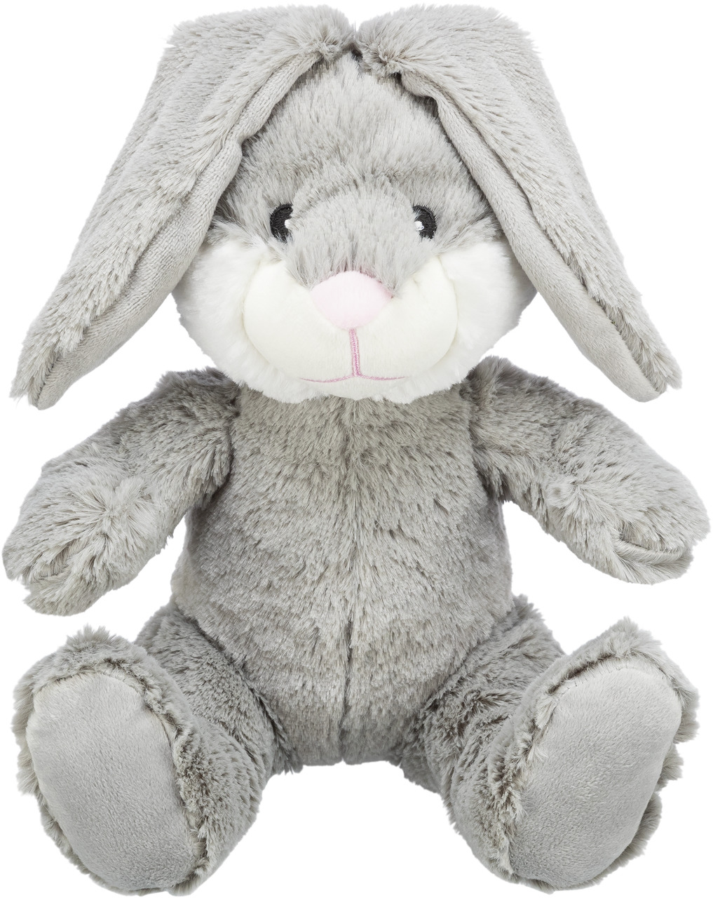 Das Bild zeigt das TRIXIE Plüschspielzeug in Form eines grauen Hasen mit langen Ohren. Es ist ein weiches Kuscheltier für Hunde, das sich ideal zum Spielen und Kuscheln eignet. Zielgruppe sind Hunde aller Größen. Das Spielzeug hat eine realistische Haseno