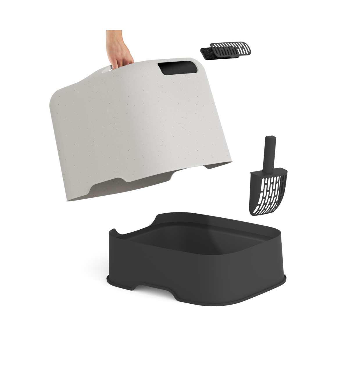 Rotho Katzentoilette "Bento" für Katzen, schwarze Unterschale, weißer Deckel m. Griff, inkl. Streuschaufel, hygienisch.