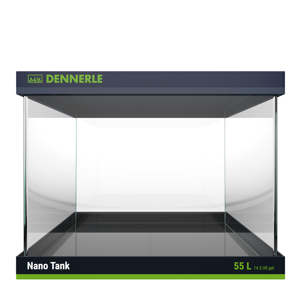Das Bild zeigt ein hochwertiges Nano-Aquarium der Marke DENNERLE mit einem Fassungsvermögen von 55 Litern (14,5 US-Gallonen). Das rechteckige Aquarium besteht aus klarem Glas und ist ideal für Aquaristik-Enthusiasten. Es eignet sich perfekt für kleine Fis