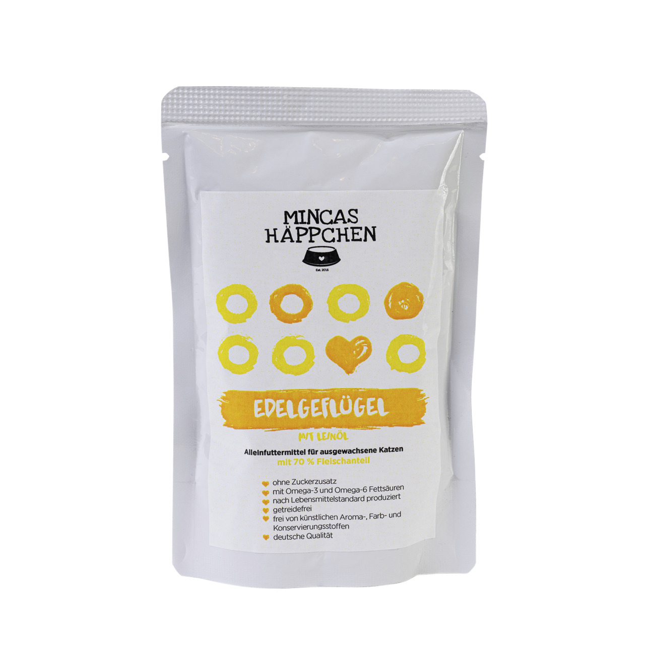 MINCAS HÄPPCHEN Edelgeflügel m. Leinöl, Alleinfutter f. erw. Katzen, 70 % Fleisch, ohne Zucker, getreidefrei, 125 g, dt. Qualität.