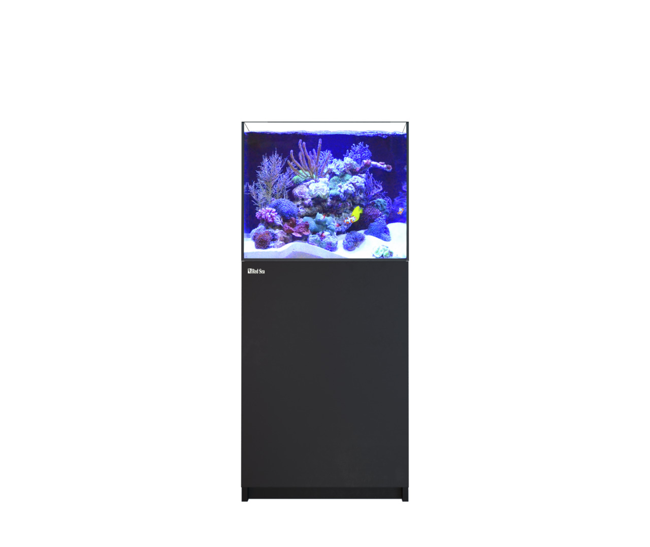 Das Bild zeigt das Red Sea MAX Nano Aquarium, ein modernes Komplettsystem für Meerwasseraquarien. Es ist speziell für Aquaristik-Enthusiasten konzipiert und bietet eine kompakte Lösung für Korallen und Fische. Das Aquarium verfügt über integrierte Beleuch