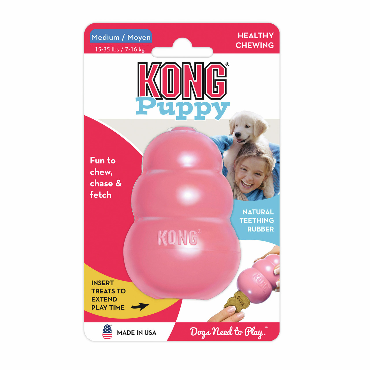 KONG Puppy, rosa Kauspielzeug für Welpen (7-16 kg), aus Zahnungsgummi, befüllbar, fördert Kauen, Apportieren & Spielen, Made in USA.
