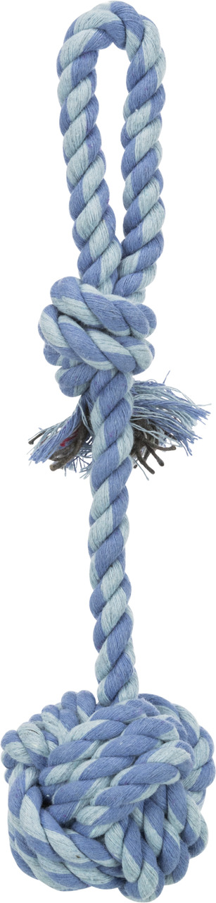 Ein blau-weißes Hundespielzeug der Marke TRIXIE, bestehend aus einem robusten Baumwolltau mit Schlaufe und Knotenball. Geeignet für Hunde aller Größen, ideal für Zerr- und Apportierspiele. Fördert die Zahnpflege durch Kaubewegungen. Länge ca. 50 cm. EAN: 
