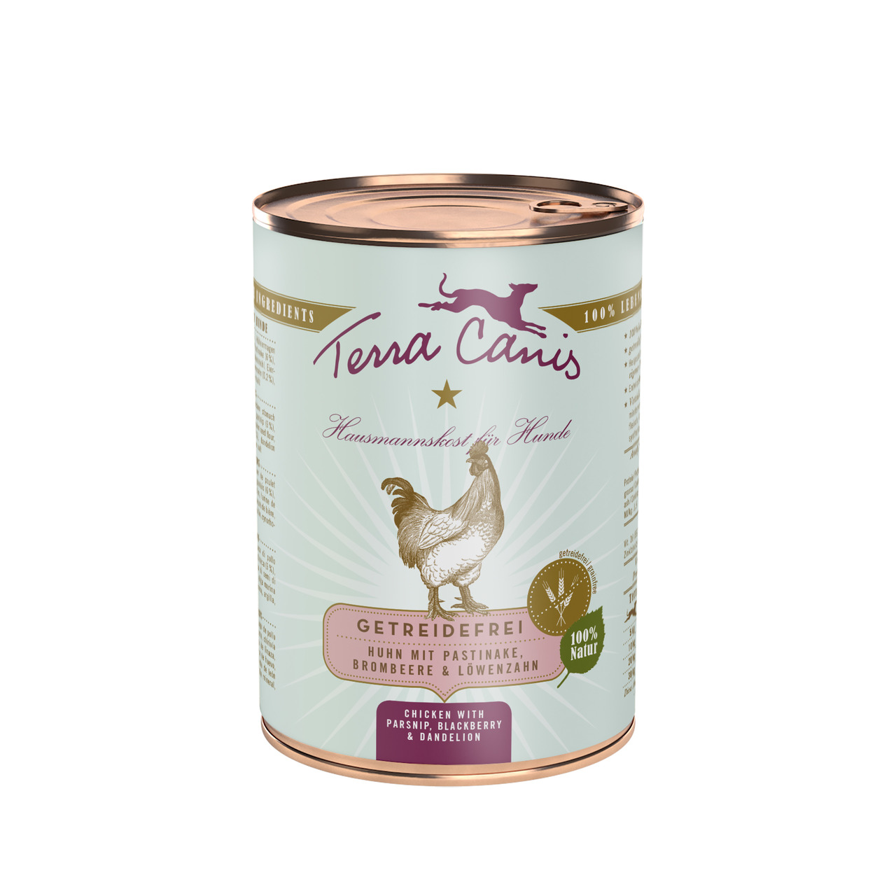 Terra Canis Hausmannskost Nassfutter für Hunde, Huhn, Pastinake, Brombeere, Löwenzahn, getreidefrei, 100 % Natur, 400 g.