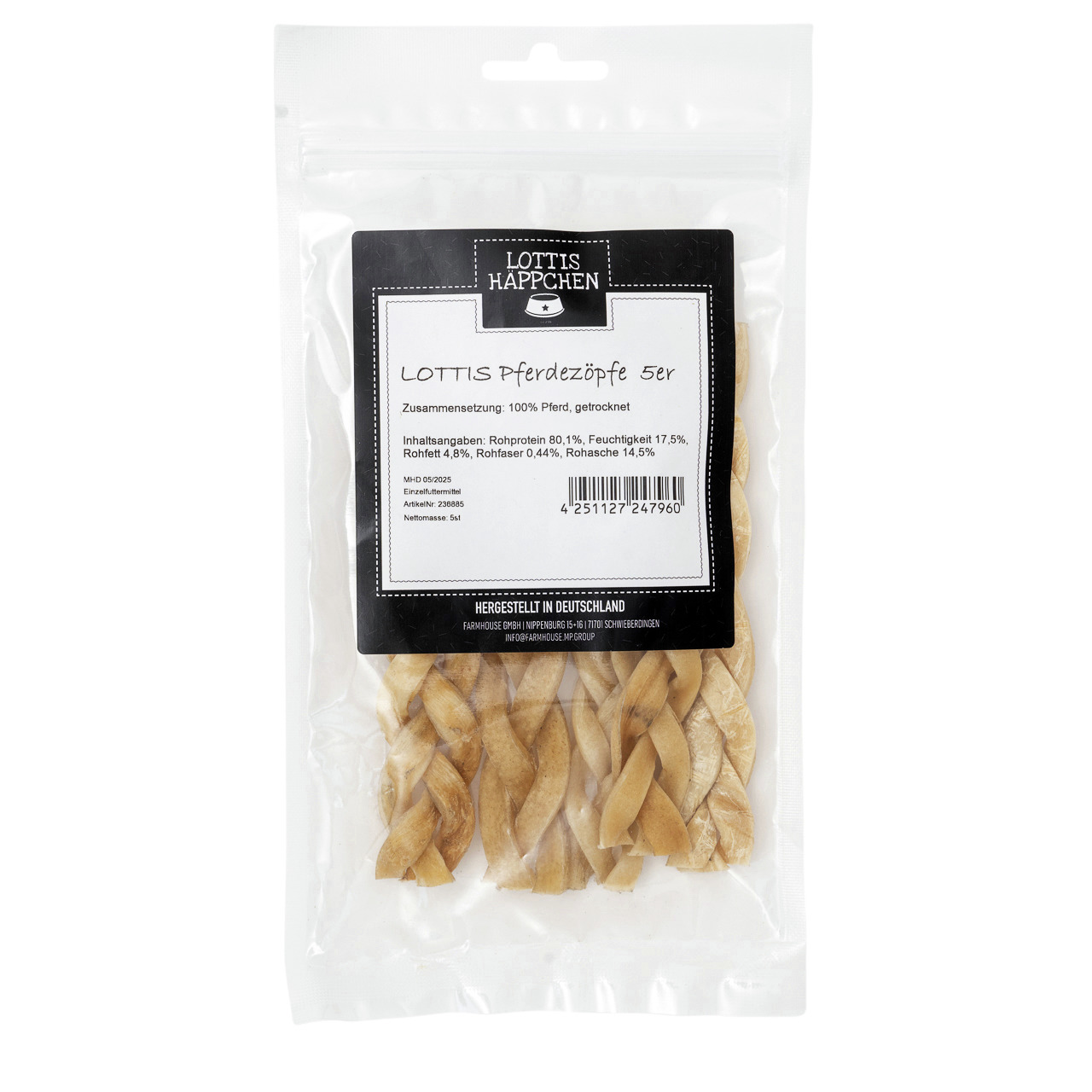 Das Bild zeigt eine transparente Verpackung der Marke LOTTIS HÄPPCHEN mit dem Produkt „LOTTIS Pferdezöpfe 5er“. Zielgruppe sind Hunde. Die Geschmacksrichtung ist Pferd, 100 % getrocknet. Die Verpackung enthält fünf Zöpfe. Angaben: Rohprotein 80,1 %, Feuch