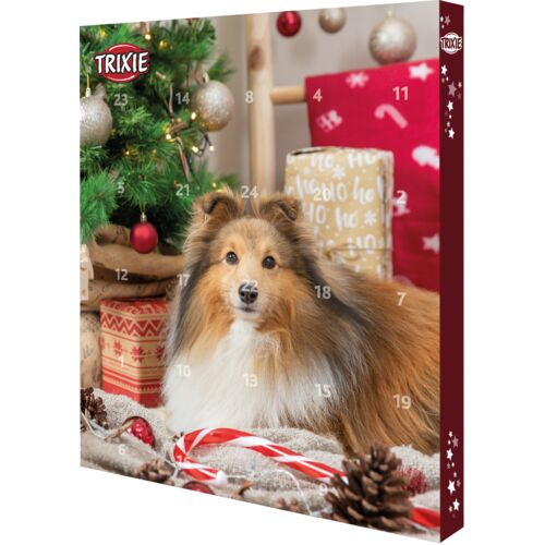 Alt-Text: Der TRIXIE Adventskalender für Hunde zeigt einen niedlichen Sheltie vor einer weihnachtlichen Kulisse mit geschmücktem Tannenbaum, Geschenken und Zuckerstangen. Der Kalender enthält 24 Türchen mit Leckerlis für Hunde. Perfekt für die Vorweihnach