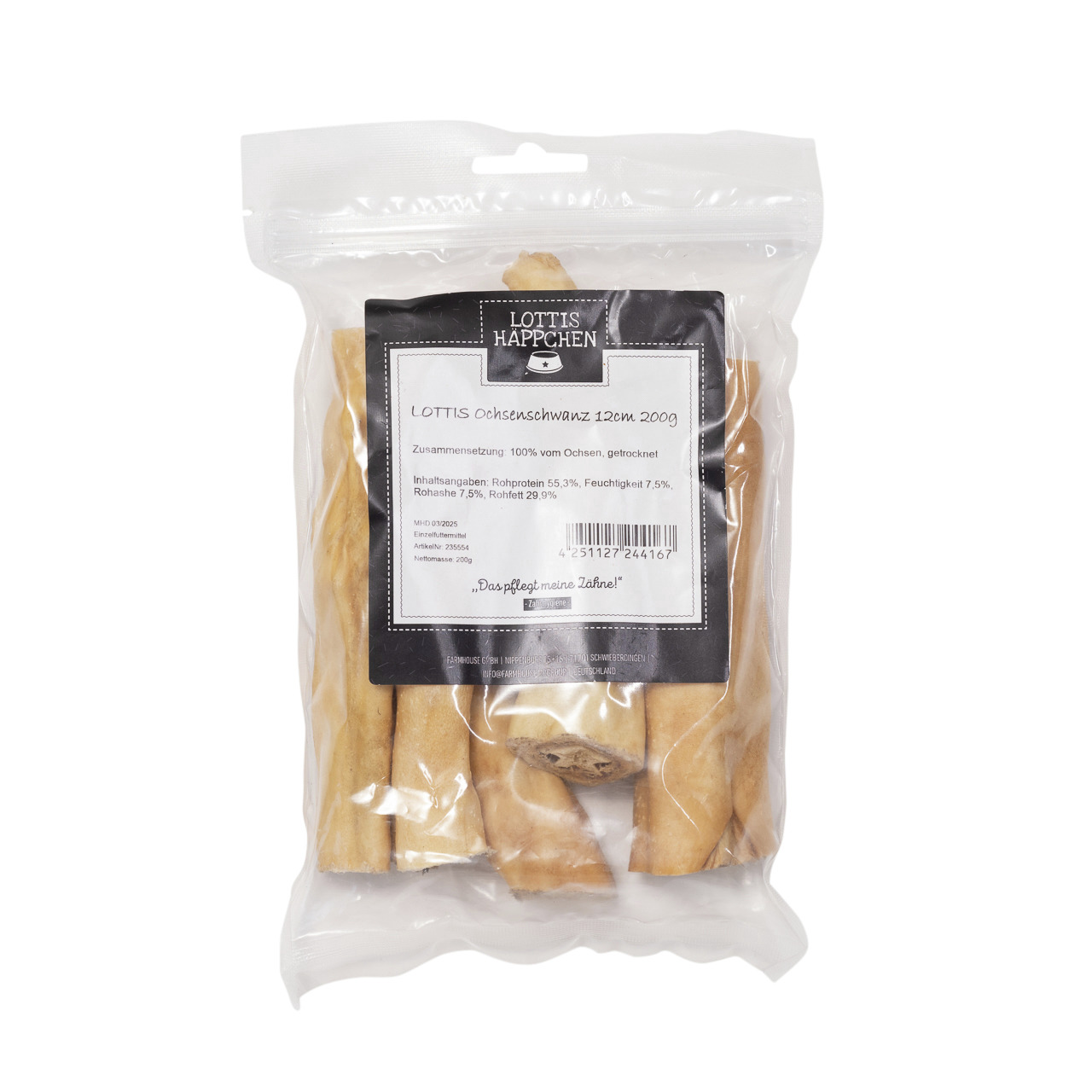 LOTTIS HÄPPCHEN Ochsenziemer 12 cm, 200 g für Hunde, 100 % getrockneter Ochse, Zahnpflege, 200 g.