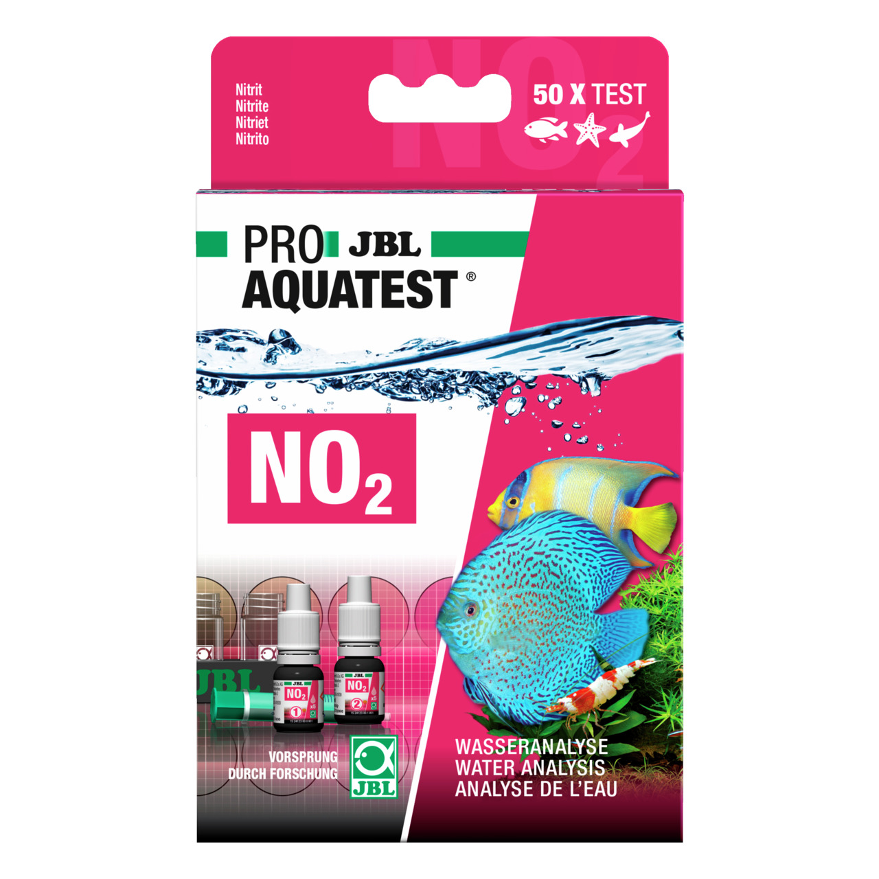 JBL ProAquaTest NO2, Nitrit-Test f. Aquarienbesitzer, 50 Tests, präzise & einfach, pink-weiße Verpackung mit 2 Fischen.