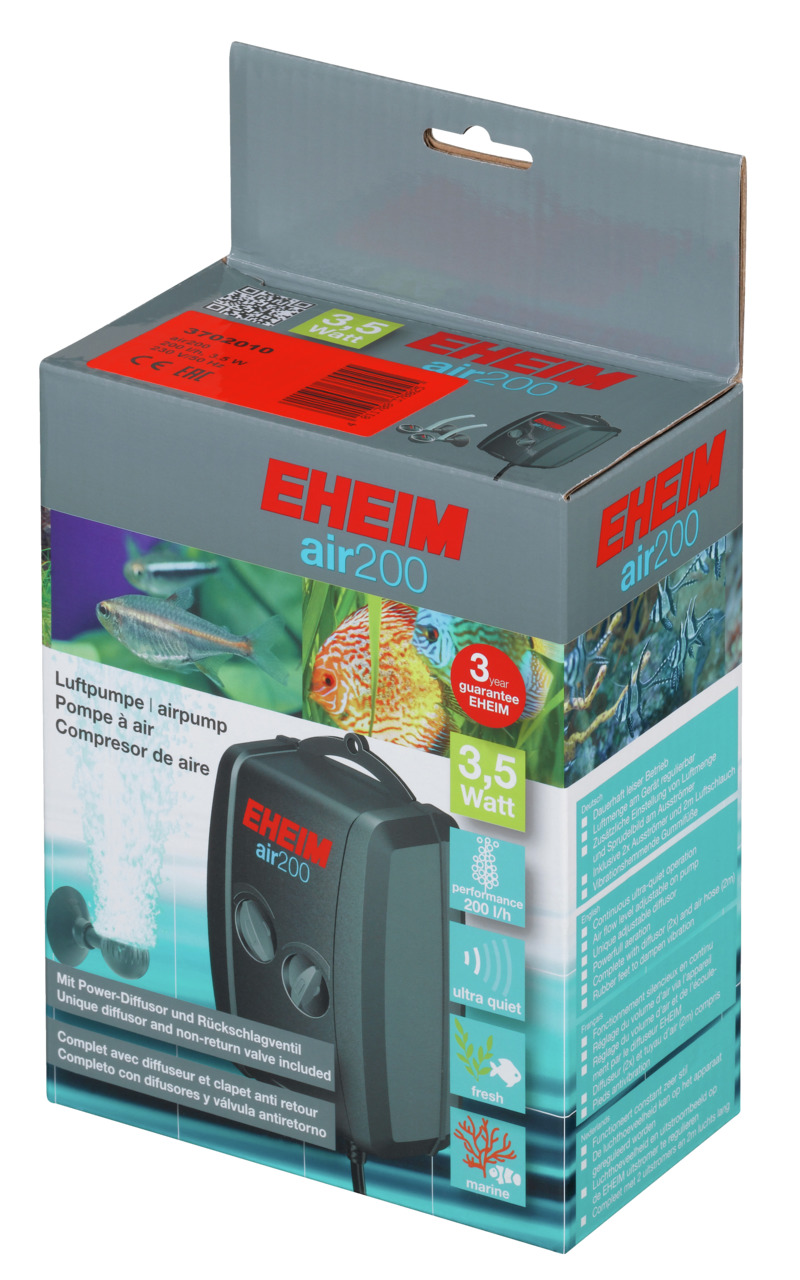 EHEIM air200 Luftpumpe, für Aquarienbesitzer, 200 l-h, 3,5 W, leise, inkl. Power-Diffusor & Rückschlagventil, für Süß--Meerwasser.
