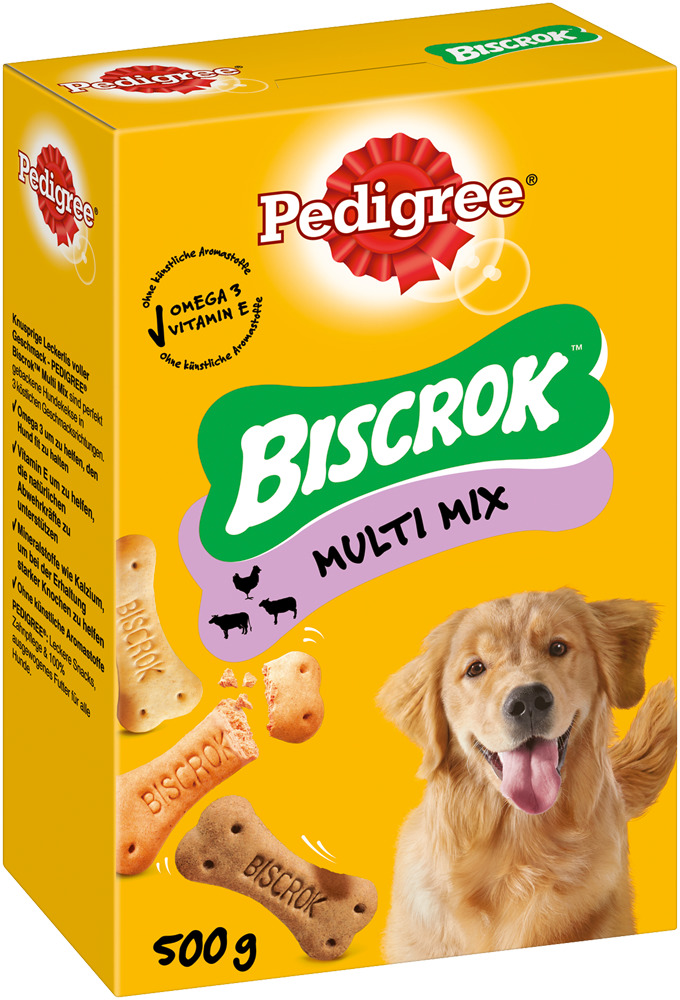 Pedigree Biscrok Multi Mix, Hundesnacks, 500 g, Huhn/Rind/Lamm, mit Omega-3 & Vit. E, ohne künstl. Aromastoffe, für alle Hunde.