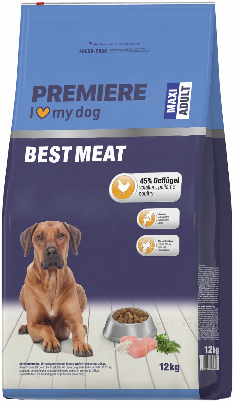 PREMIERE BEST MEAT, 12 kg, Alleinfutter f. Hunde großer Rassen, Geflügel (45 %), gesunde Gelenke & starke Knochen.