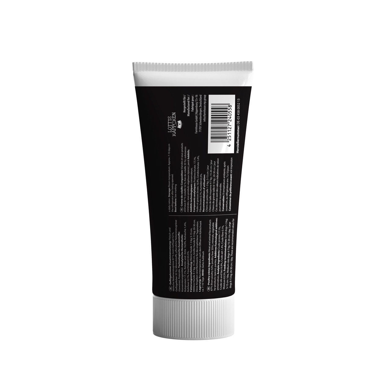 Das Bild zeigt eine schwarze Tube des Produkts „Lottis Häppchen Zahncreme für Hunde“ mit der EAN 4251127240558. Die Tube ist für Hunde geeignet und dient der Zahnpflege. Sie enthält eine spezielle Rezeptur zur Unterstützung der Mundhygiene. Die Menge ist 