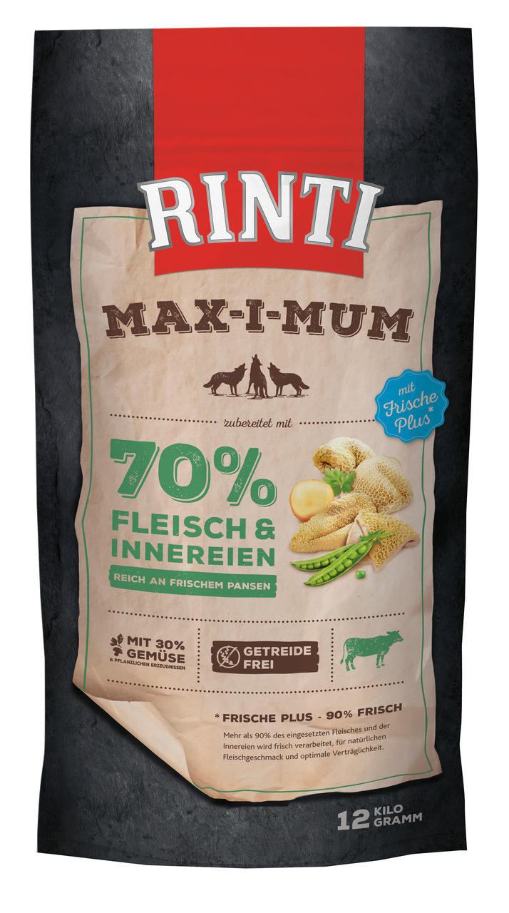 RINTI Max-i-mum Hundefutter, 12 kg, 70 % Fleisch & Innereien, frischer Pansen, getreidefrei, 30 % Gemüse, natürlich & frisch.