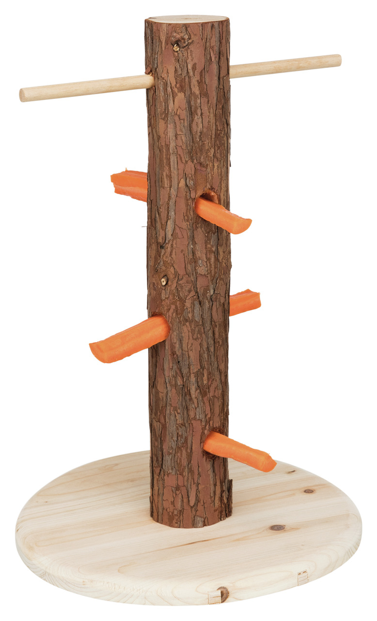 Holzspielzeug von TRIXIE für Kleintiere, ideal für Kaninchen und Nagetiere. Der natürliche Holzstamm mit Rinde ist auf einer stabilen Holzplatte befestigt und mit Karottenstücken bestückt, die als Snack dienen. Fördert die Beschäftigung und den natürliche