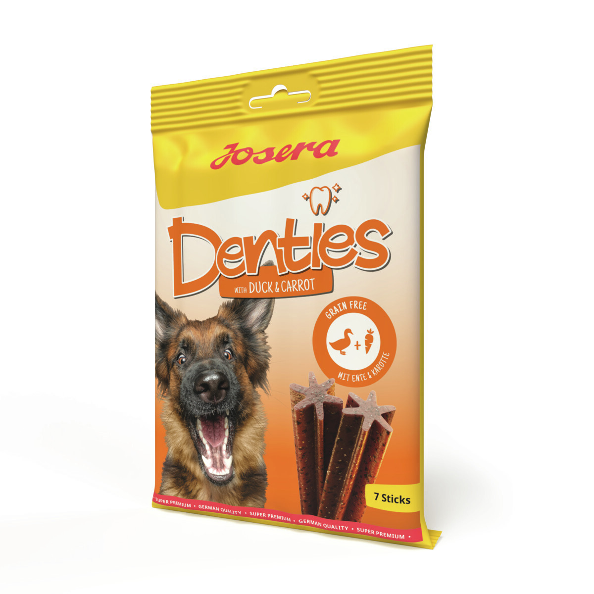 Josera Denties Zahnpflegesticks für Hunde, Ente & Karotte, getreidefrei, 7 Sticks, für alle Größen, mit „Grain Free“-Logo.