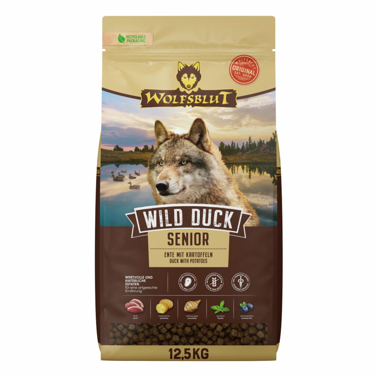 WOLFSBLUT Wild Duck Senior, Hundefutter für ältere Hunde, Geschmack Ente mit Kartoffeln, 12,5 kg, natürliche Zutaten.