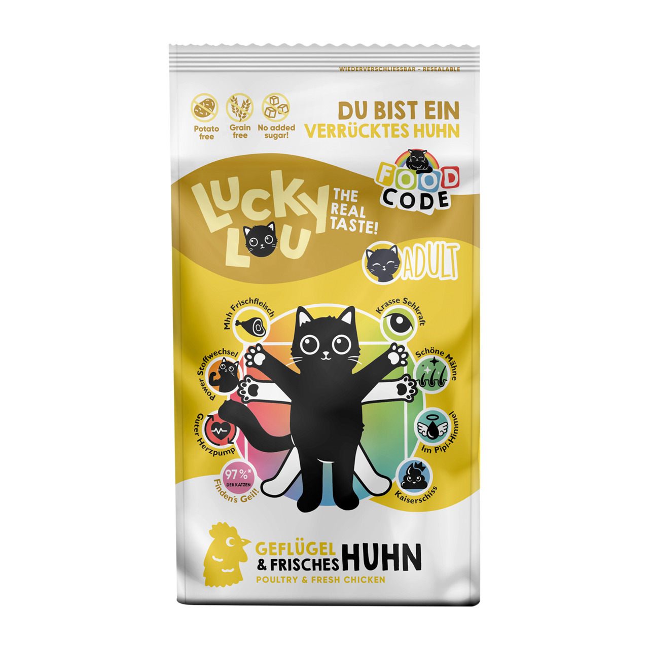 Lucky Lou Katzenfutter Adult, Geflügel & Frisches Huhn, 97 % tierische Zutaten, getreidefrei, ohne Zuckerzusatz, humorvolles Design.