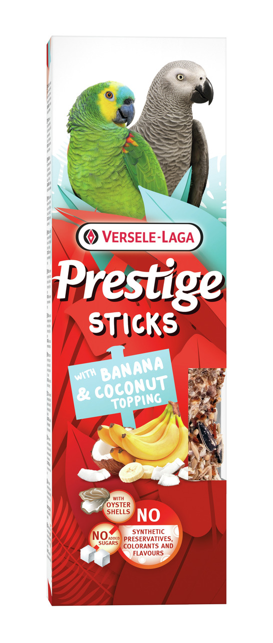 Versele-Laga Prestige Sticks: Snacks für Papageien mit Banane & Kokos, ohne synthet. Zusatzstoffe, 2 Sticks.