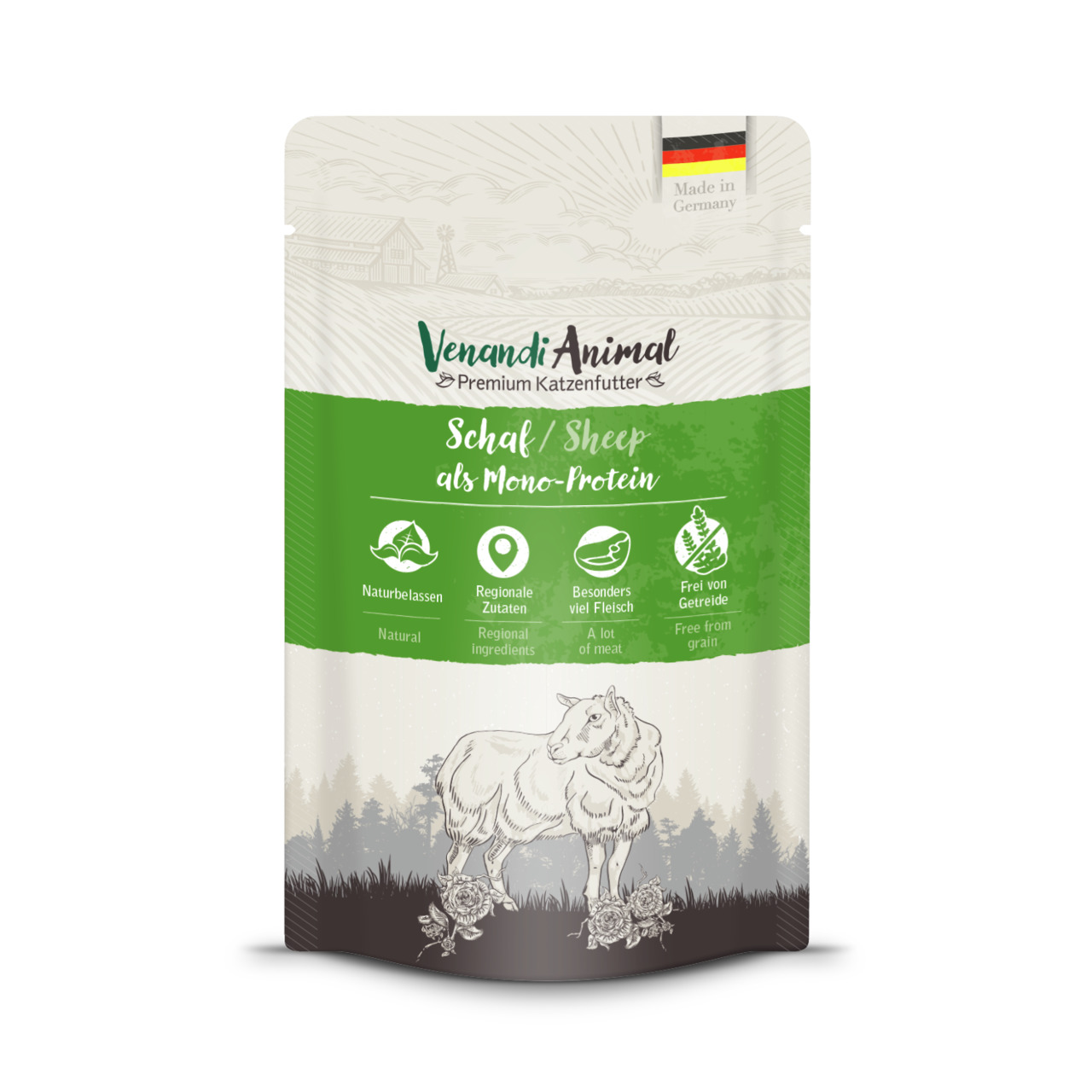 Venandi Animal Katzenfutter, Schaf (Mono-Protein), naturbelassen, viel Fleisch, getreidefrei, regionale Zutaten, 400g, Made in Germany.