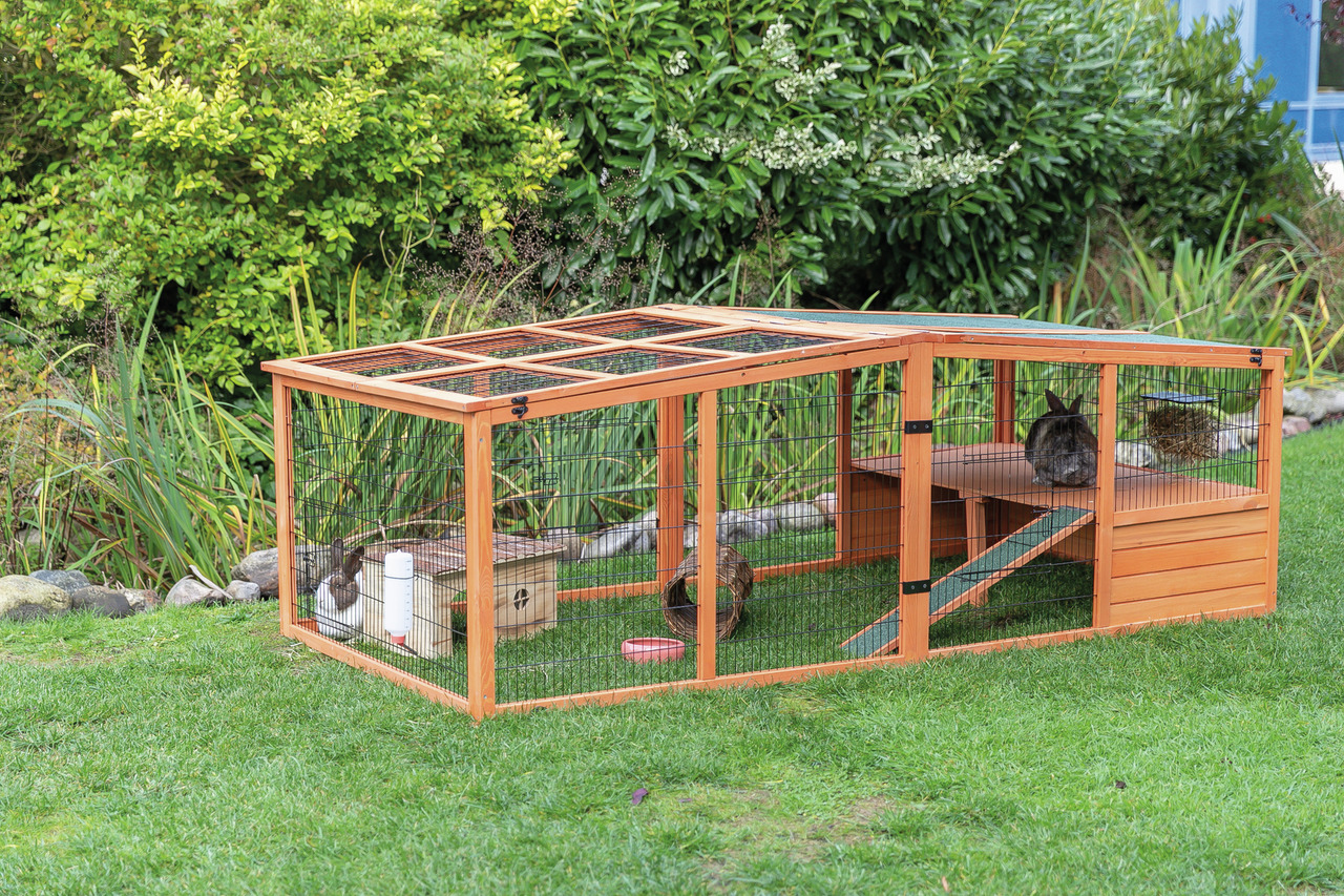 TRIXIE Natura Kleintiergehege, für Kaninchen-Kleintiere, wetterfestes Holz, Drahtgitter, Schutzhaus+Rampe, ideal außen, artgerecht.