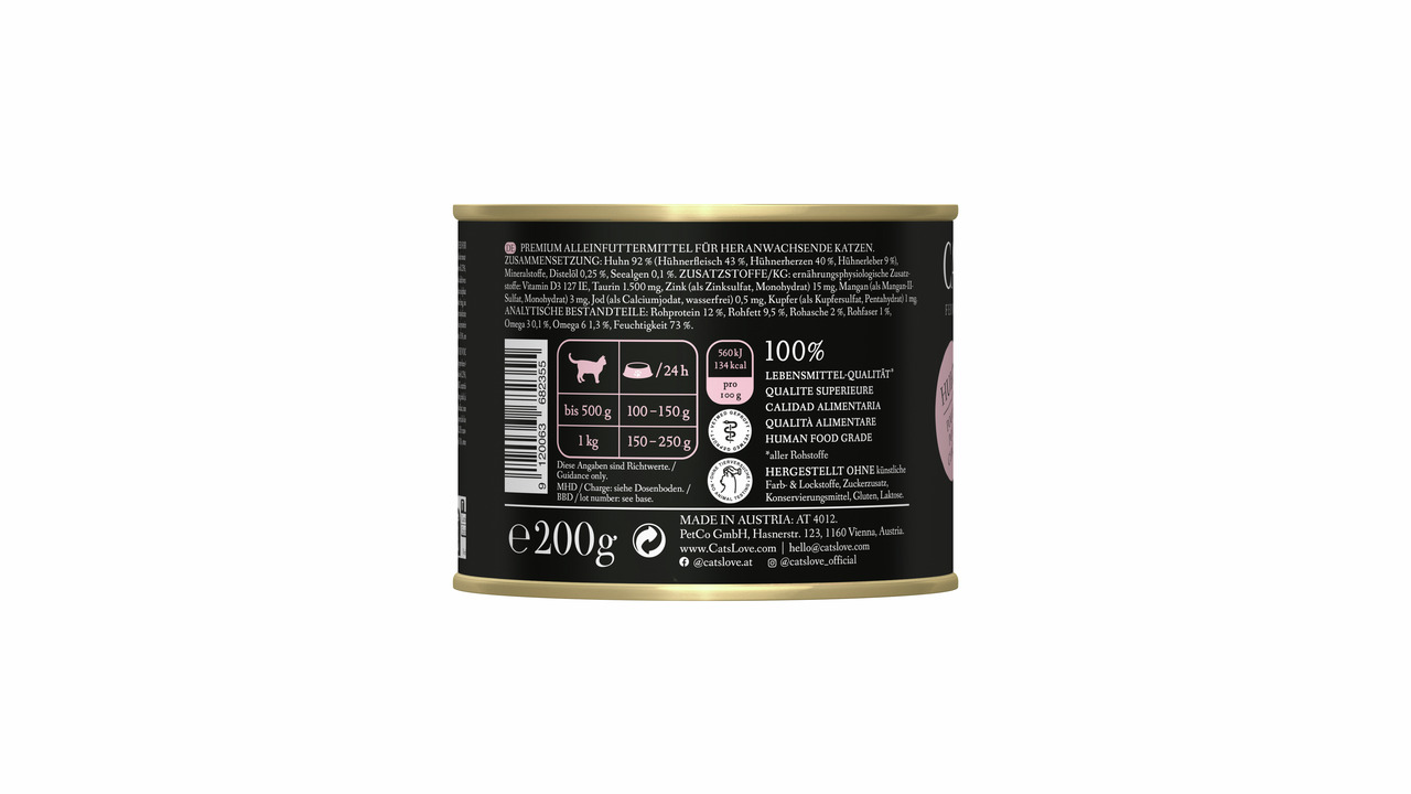 Das Bild zeigt eine 200g-Dose des Premium-Katzenfutters „Cat's Love“ für ausgewachsene Katzen. Die Geschmacksrichtung ist Huhn, und das Produkt wird als „Lebensmittelqualität“ beworben. Es enthält keine Zuckerzusätze, Konservierungsstoffe, Gluten oder Lak