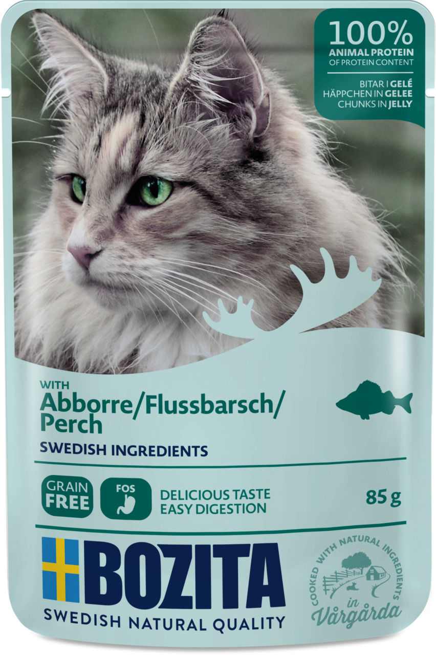 Das Bild zeigt eine Verpackung des Katzenfutters „Bozita Chunks in Jelly“ mit der Geschmacksrichtung Flussbarsch (Perch). Die Zielgruppe sind Katzen. Die Verpackung enthält 85 g und hebt hervor, dass das Produkt getreidefrei ist, leicht verdaulich und aus