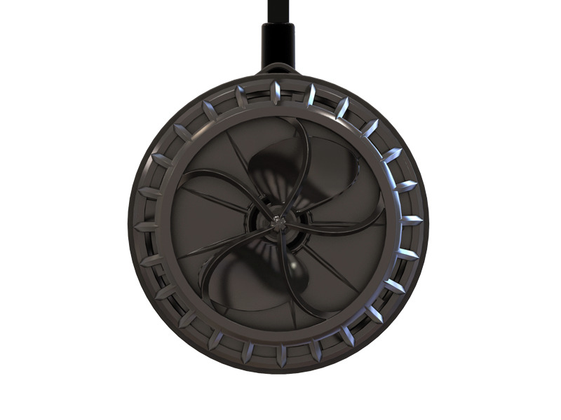 Das Bild zeigt die Ecotech VorTech MP40 QuietDrive Strömungspumpe, eine hochwertige Pumpe für Meerwasseraquarien. Sie ist rund, schwarz und verfügt über ein modernes Design mit einem zentralen Propeller, der von einem Schutzgitter umgeben ist. Die Pumpe i