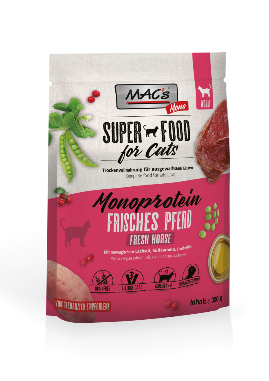 MAC's Mono Superfood, Trockenfutter f. Katzen, Frisches Pferd, 300 g, getreidefrei, allergikerfreundlich, mit Lachsöl & Cranberries.